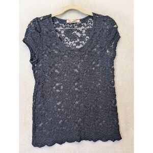 Katie K Women's Size L Navy Blue Floral Top Lace Cap Sleeve Scoop Neck Scalloped